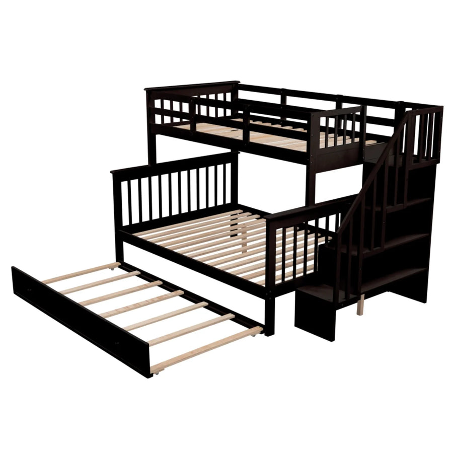 AECOJOY Twin-Over-Full Bunk Bed with Twin size Trundle, Storage and Guard Rail for Bedroom, Espresso
