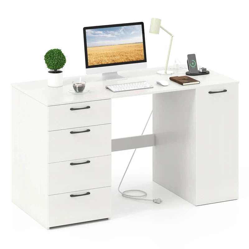 53" Computer Desk with 4 Storage Drawers & Cabinet, Home Office Desk w/ Charging Station, Adjustable Shelf & Cable Management for Study, Makeup