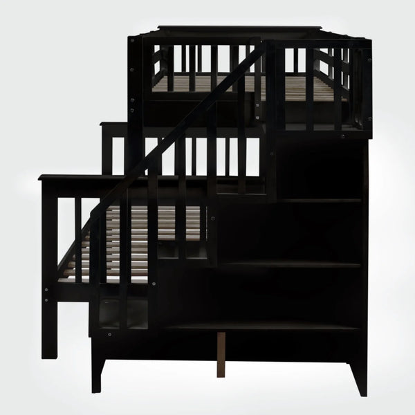 AECOJOY Twin-Over-Full Bunk Bed with Twin size Trundle, Storage and Guard Rail for Bedroom, Espresso