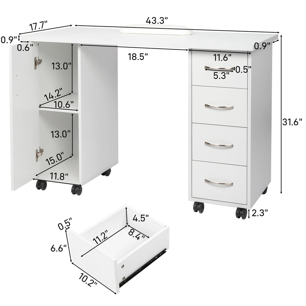 Sesslife White Computer Desk, Writing Desk with Lockable Wheels???modern Wood Study Desk with 4 Drawers for Home Office Workstation