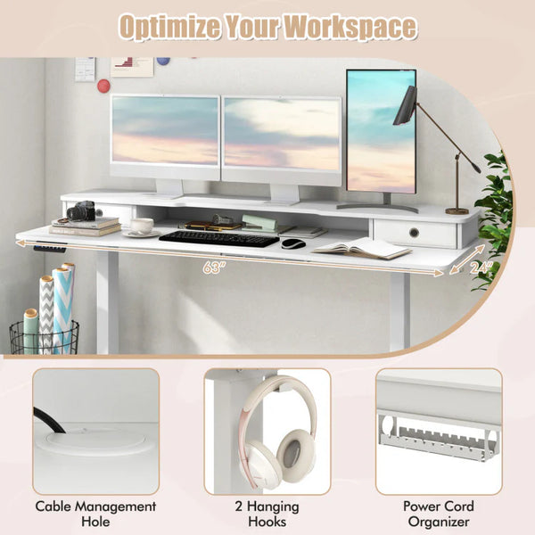 Electric Standing Desk with 2 Drawers, 3 Memory Positions, 63" x 24" Height Adjustable Electric Sit Stand Desk for Home Office Bedroom