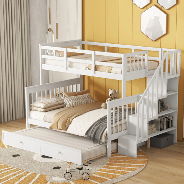 AECOJOY Twin-Over-Full Bunk Bed with Twin size Trundle, Storage and Guard Rail for Bedroom, Espresso