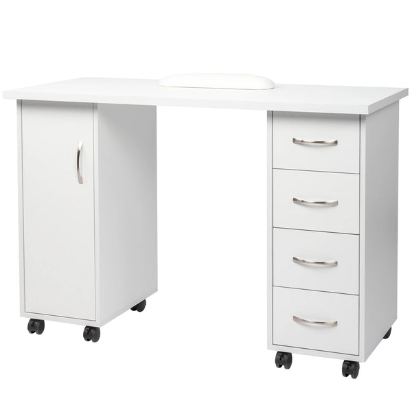 Sesslife White Computer Desk, Writing Desk with Lockable Wheels???modern Wood Study Desk with 4 Drawers for Home Office Workstation
