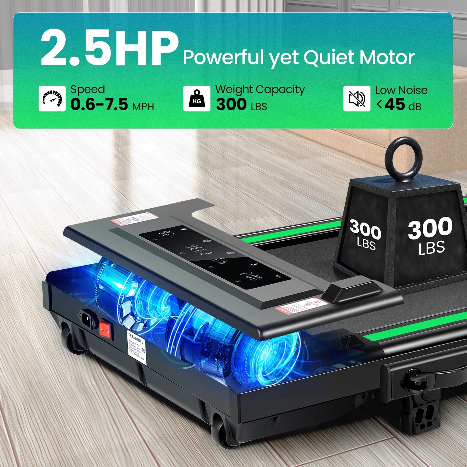 2 in 1 Walking Pad Treadmill with Incline, 2.5HP Under Desk Treadmill with Handle Remote Control & LED Touch Screen for Home Office Workout, 300 lb Weight Capacity Black & Green Secondary image
