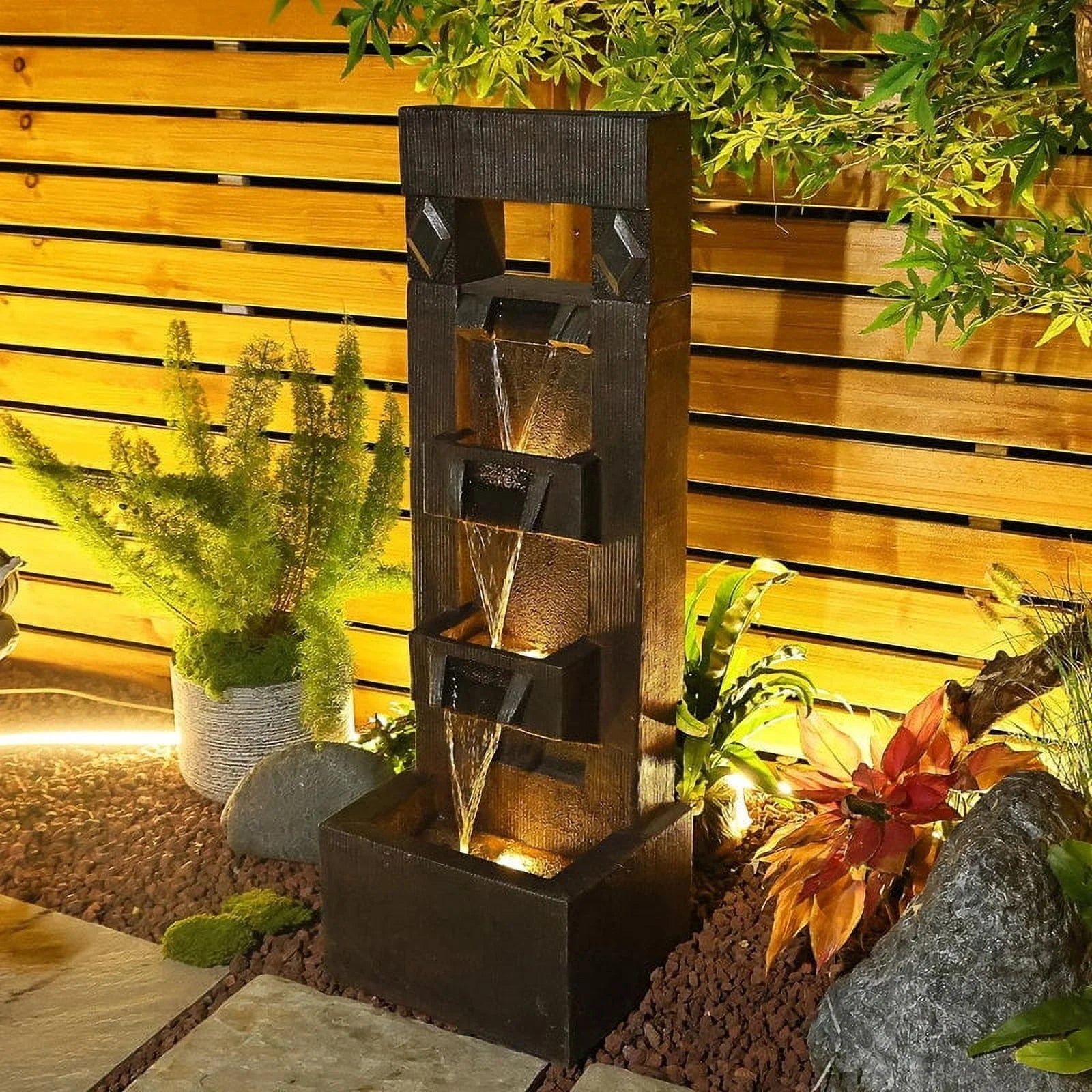 Outdoor Fountains and Indoor Waterfalls 4 Floor - Standing Water Fountain Outdoor with LED Lights for Garden, Living Room, Patio, Home Decor