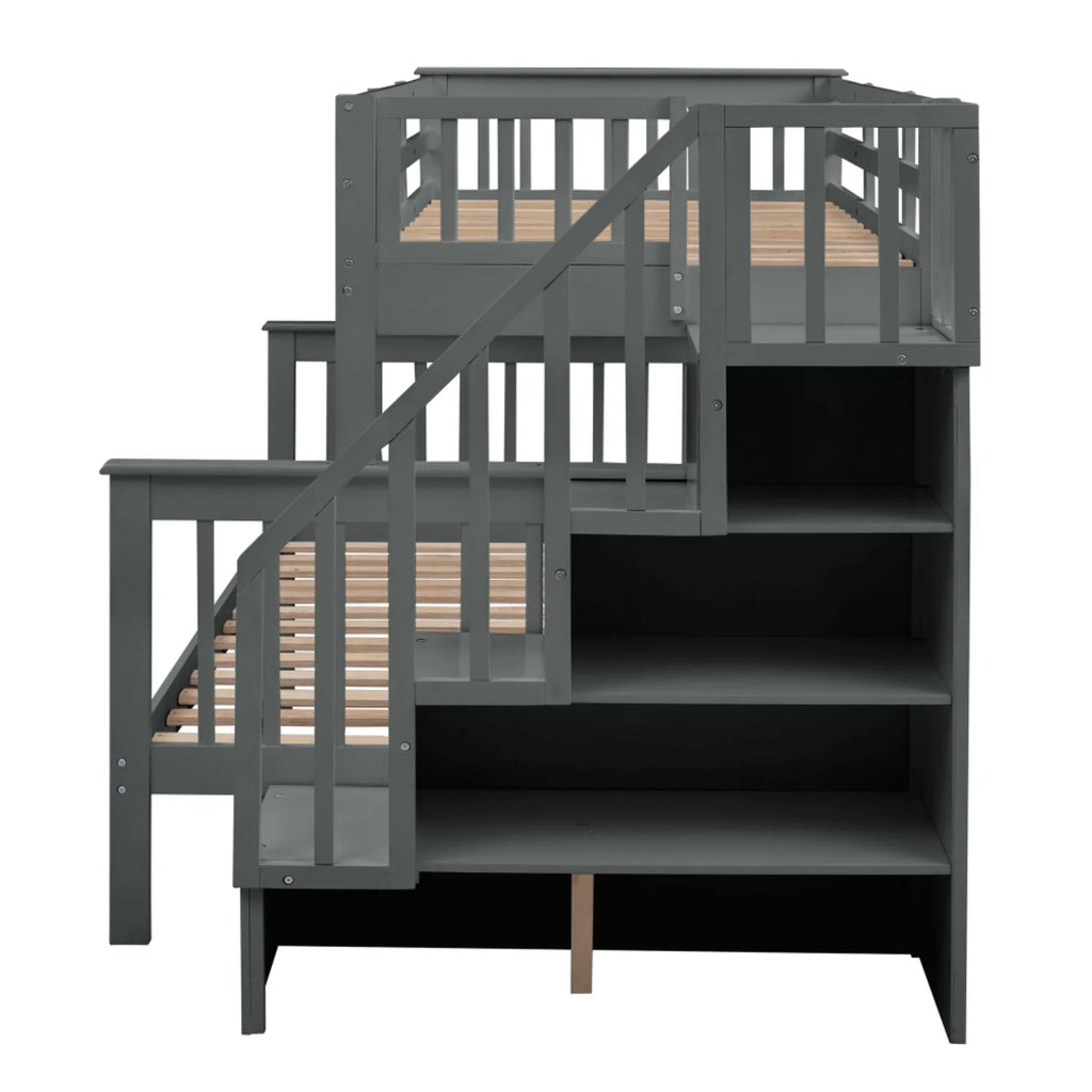 AECOJOY Twin-Over-Full Bunk Bed with Twin size Trundle, Storage and Guard Rail for Bedroom, Espresso
