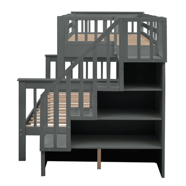AECOJOY Twin-Over-Full Bunk Bed with Twin size Trundle, Storage and Guard Rail for Bedroom, Espresso