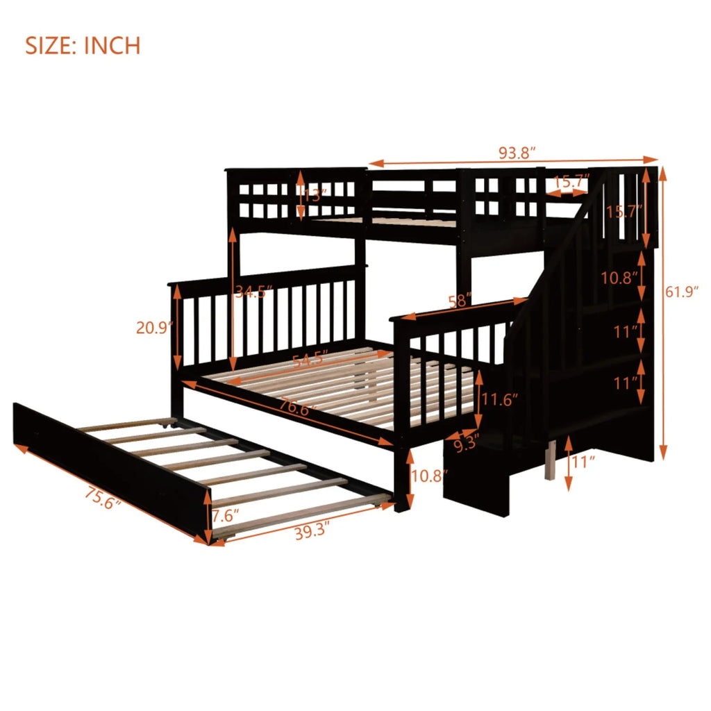 AECOJOY Twin-Over-Full Bunk Bed with Twin size Trundle, Storage and Guard Rail for Bedroom, Espresso