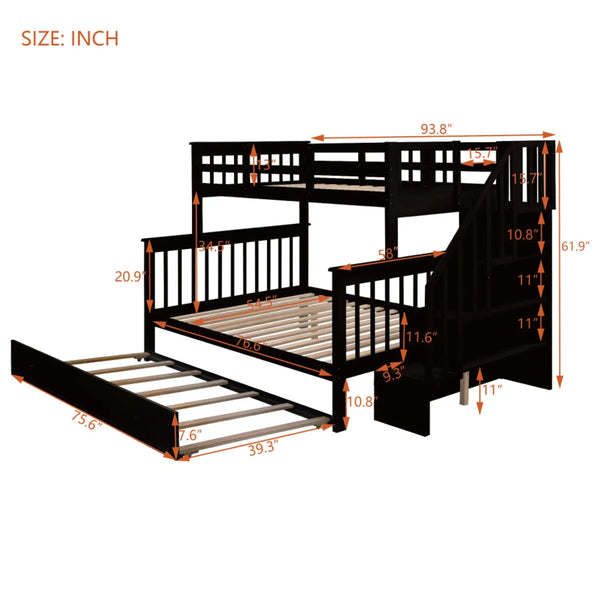 AECOJOY Twin-Over-Full Bunk Bed with Twin size Trundle, Storage and Guard Rail for Bedroom, Espresso