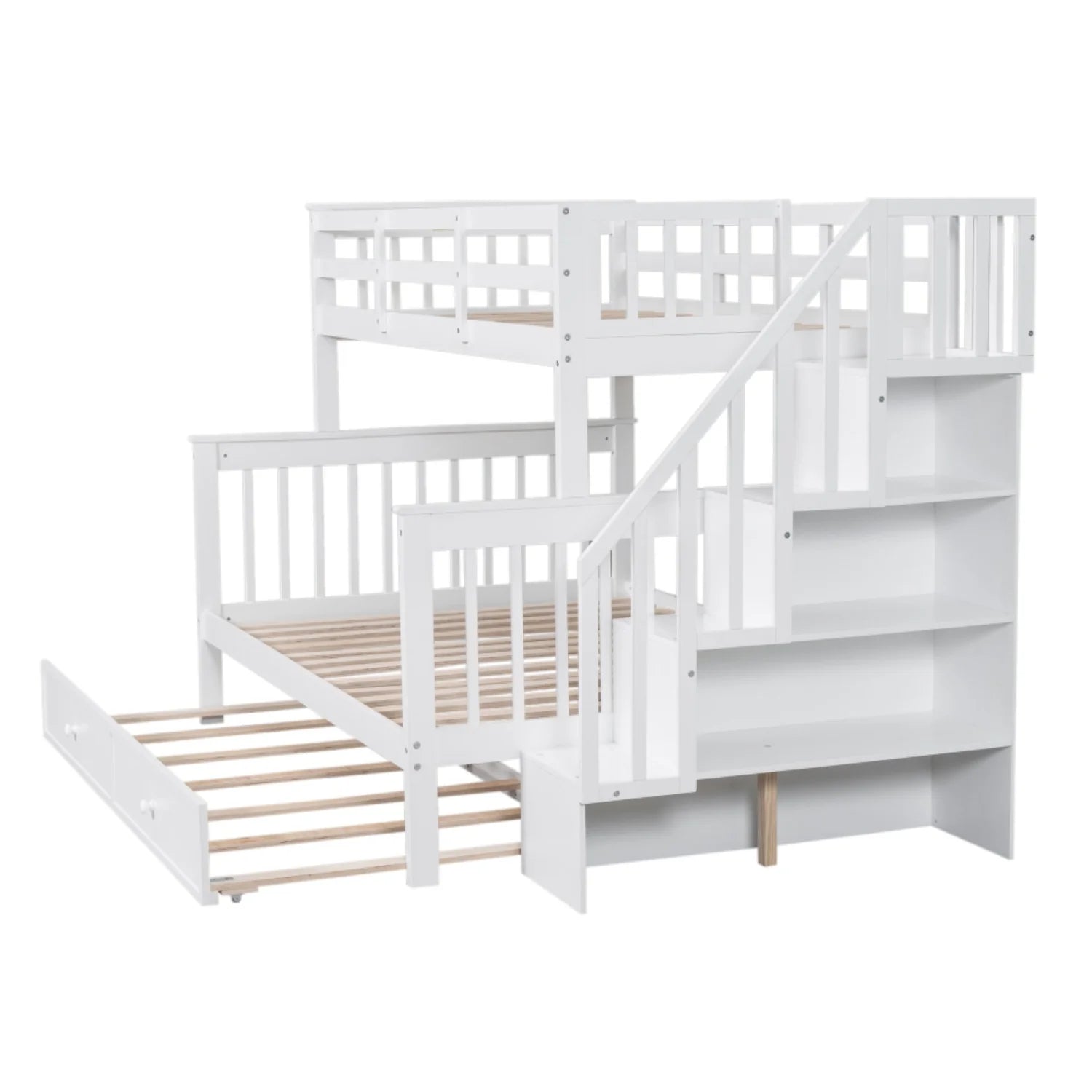 AECOJOY Twin-Over-Full Bunk Bed with Twin size Trundle, Storage and Guard Rail for Bedroom, Espresso