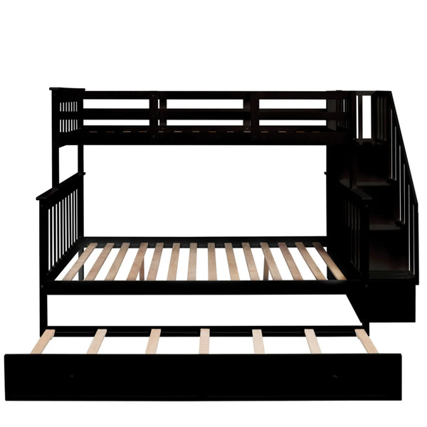 AECOJOY Twin-Over-Full Bunk Bed with Twin size Trundle, Storage and Guard Rail for Bedroom, Espresso