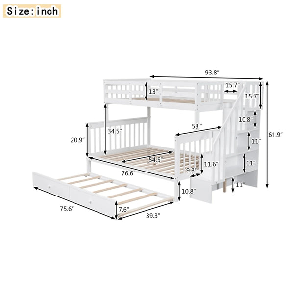 AECOJOY Twin-Over-Full Bunk Bed with Twin size Trundle, Storage and Guard Rail for Bedroom, Espresso