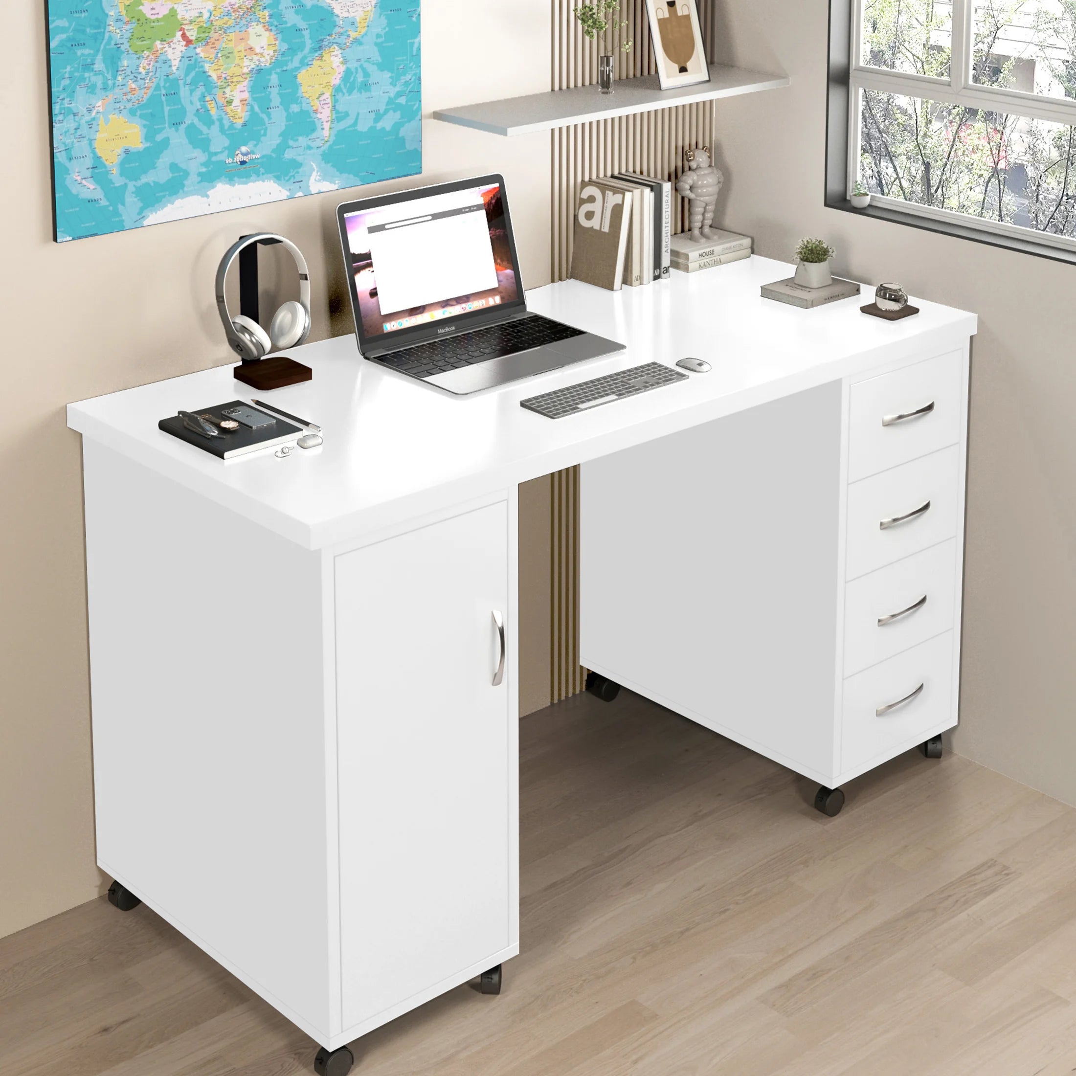 Sesslife White Computer Desk, Writing Desk with Lockable Wheels???modern Wood Study Desk with 4 Drawers for Home Office Workstation Secondary image