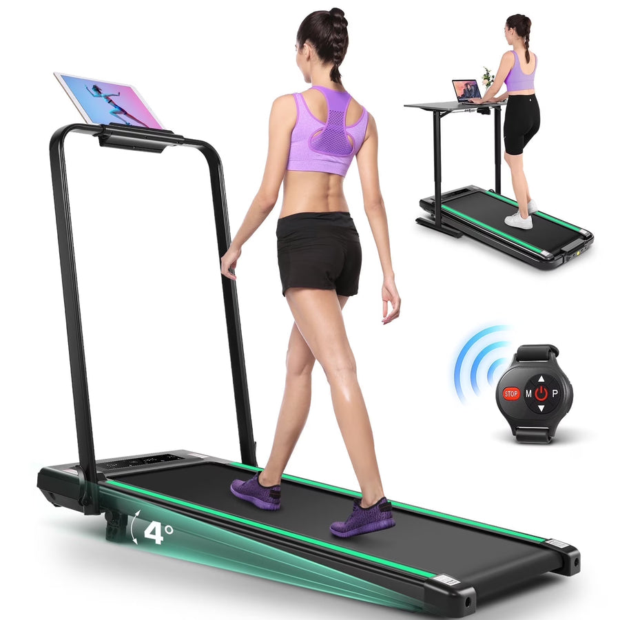 2 in 1 Walking Pad Treadmill with Incline, 2.5HP Under Desk Treadmill with Handle Remote Control & LED Touch Screen for Home Office Workout, 300 lb Weight Capacity Black & Green