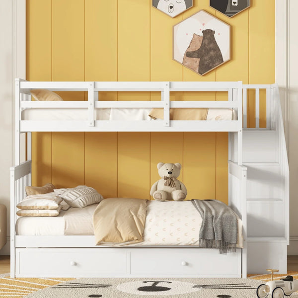 AECOJOY Twin-Over-Full Bunk Bed with Twin size Trundle, Storage and Guard Rail for Bedroom, Espresso