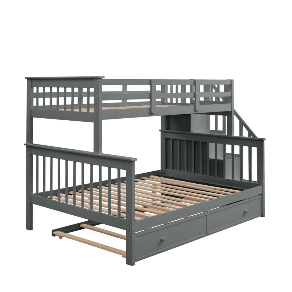 AECOJOY Twin-Over-Full Bunk Bed with Twin size Trundle, Storage and Guard Rail for Bedroom, Espresso