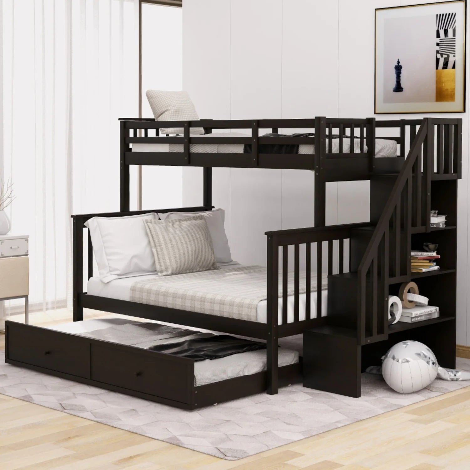 AECOJOY Twin-Over-Full Bunk Bed with Twin size Trundle, Storage and Guard Rail for Bedroom, Espresso Secondary image